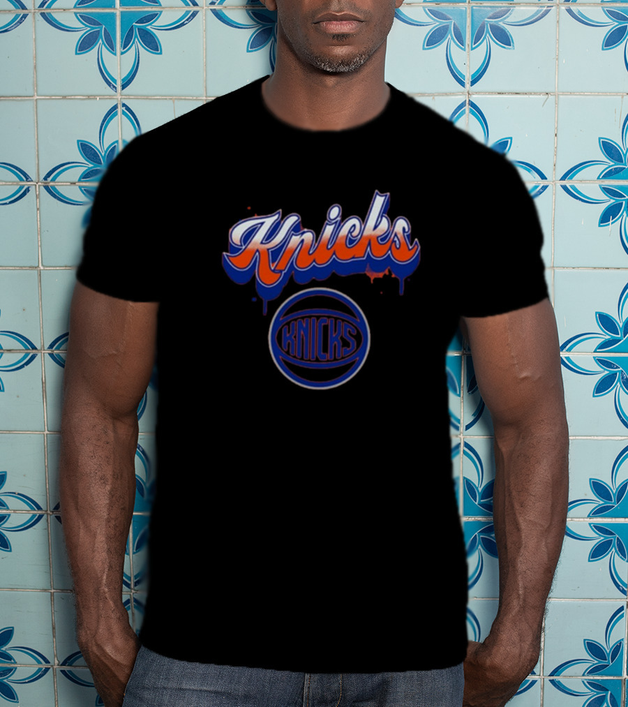 New York Knicks Orange Blue Bubbly Script Basketball Emblem T-Shirt