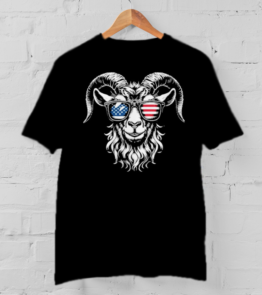 Patriotic Goat With American Flag Sunglasses Design T-Shirt