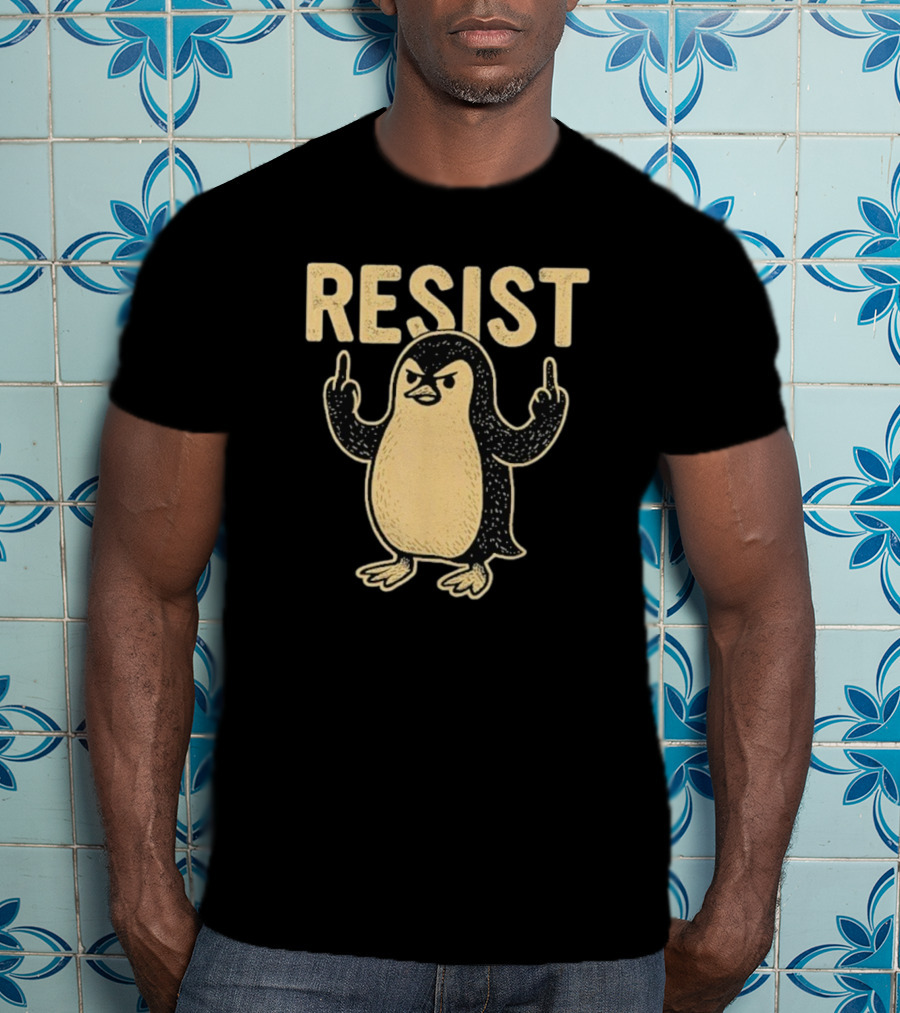 Resist Penguin Middle Finger Protest Symbol T-Shirt