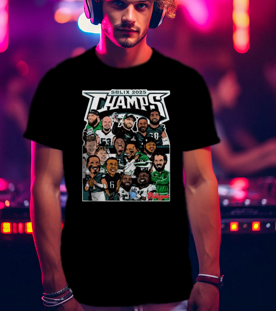 SBLIX 2025 Champs Phillygoat Philadelphia Eagles Caricatures Dream Team T-Shirt