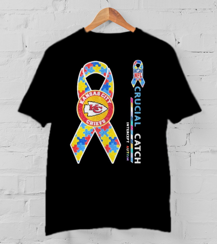Kansas City Chiefs NFL Puzzle Ribbon Autism Awareness Crucial Catch T-Shirt