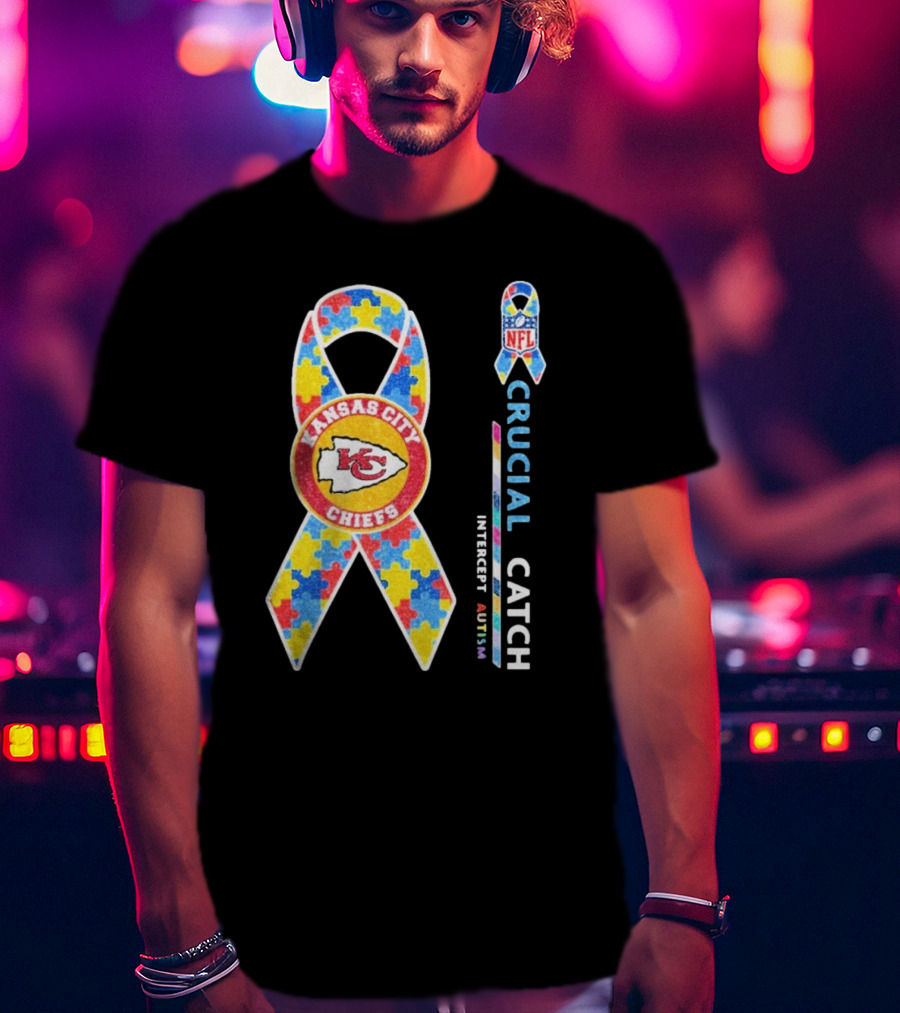 Kansas City Chiefs NFL Puzzle Ribbon Autism Awareness Crucial Catch T-Shirt