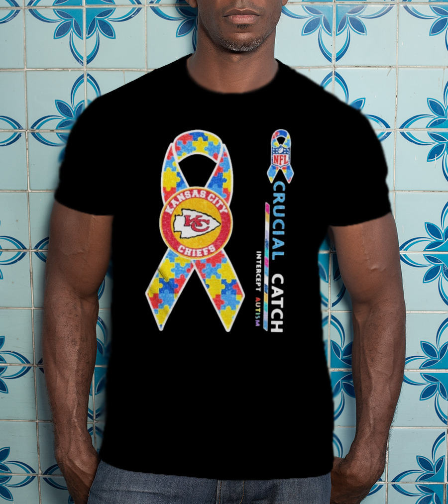 Kansas City Chiefs NFL Puzzle Ribbon Autism Awareness Crucial Catch T-Shirt