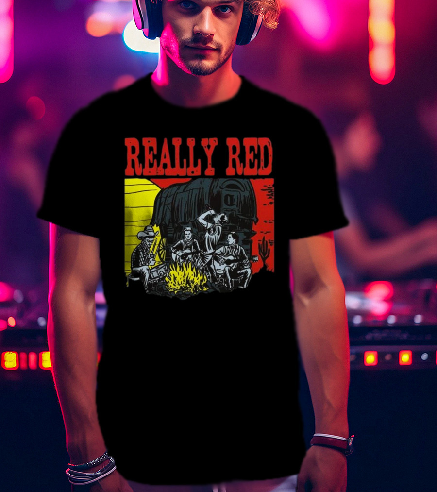 Really Red Cow Punks Campfire Scene With Musical Cowboys And Wagon T-Shirt