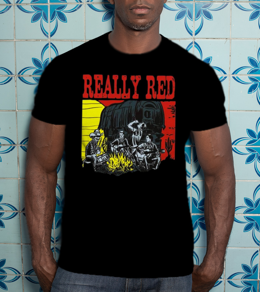 Really Red Cow Punks Campfire Scene With Musical Cowboys And Wagon T-Shirt