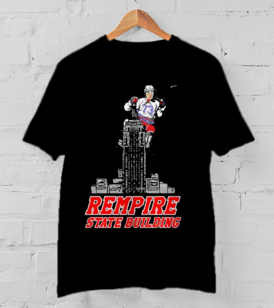 Rempire State Building Red And Blue Hockey Player Skyscraper Concept T-Shirt