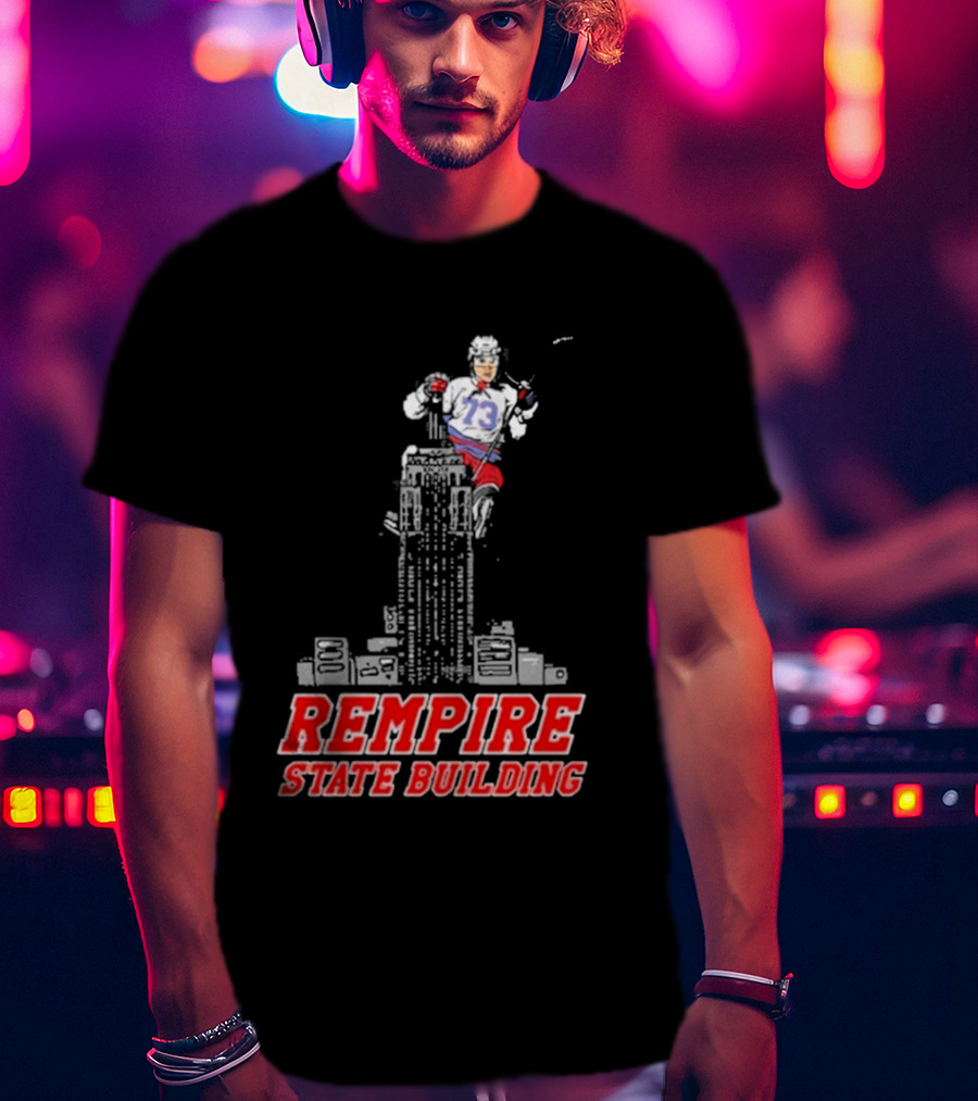 Rempire State Building Red And Blue Hockey Player Skyscraper Concept T-Shirt