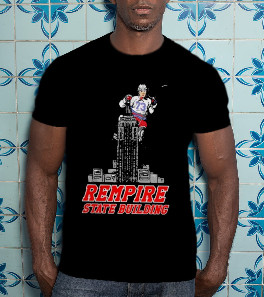 Rempire State Building Red And Blue Hockey Player Skyscraper Concept T-Shirt