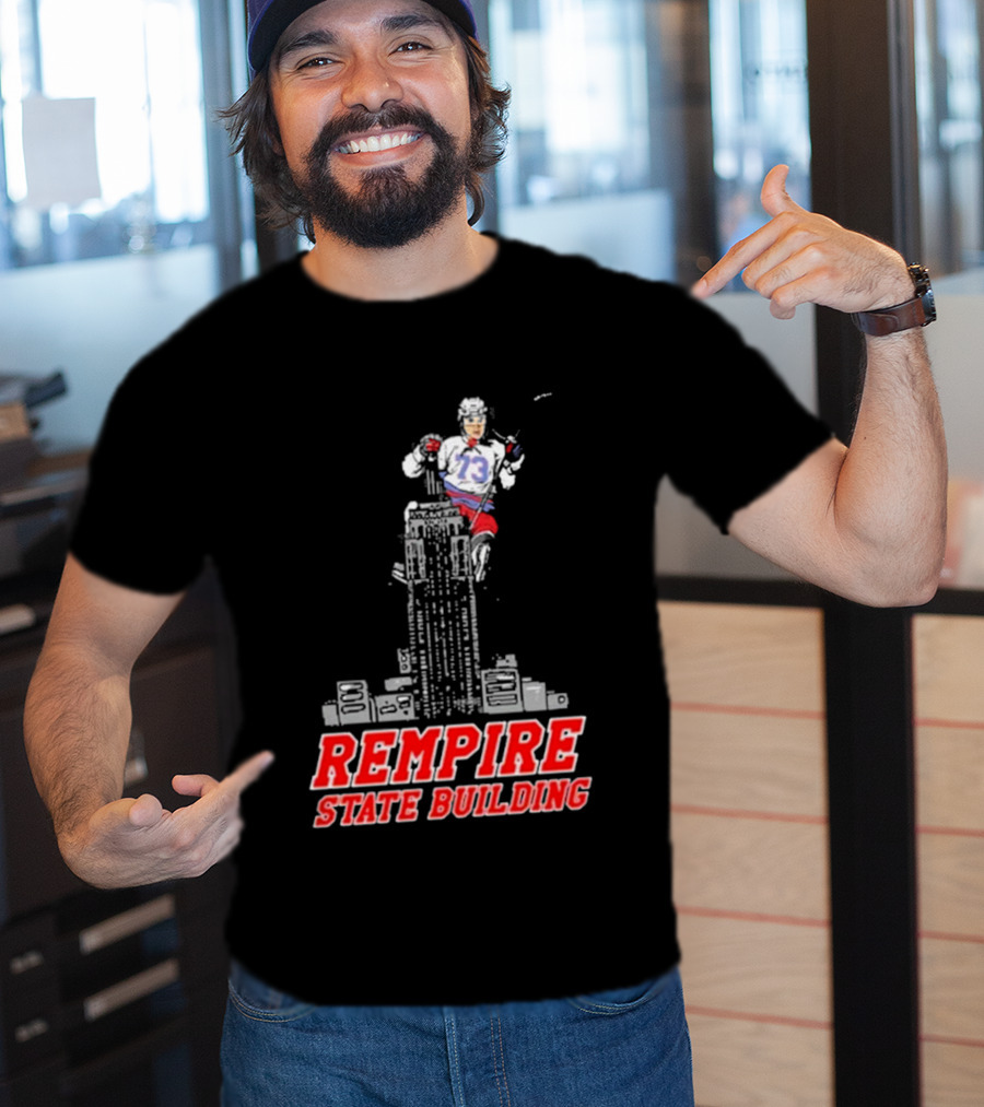 Rempire State Building Red And Blue Hockey Player Skyscraper Concept T-Shirt