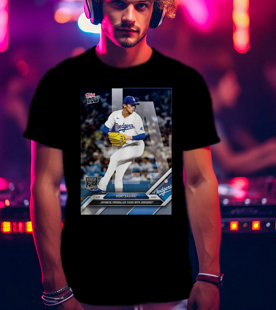 Topps Now Roki Sasaki 2025 International FA Signing Dodgers T-Shirt