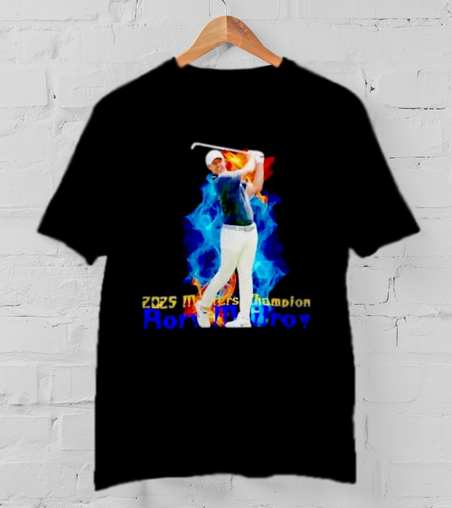 Rory McIlroy 2025 Masters Champion Golf Swing With Fire And Blue Flame Background T-Shirt