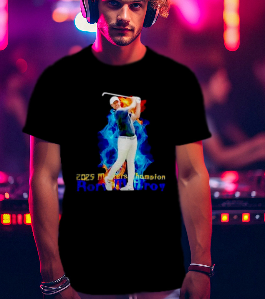 Rory McIlroy 2025 Masters Champion Golf Swing With Fire And Blue Flame Background T-Shirt