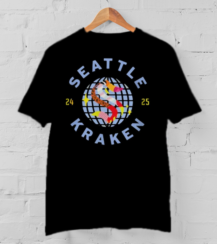 Seattle Kraken Pride Night 2025 Globe Stars Rainbow S 24 25 T-Shirt
