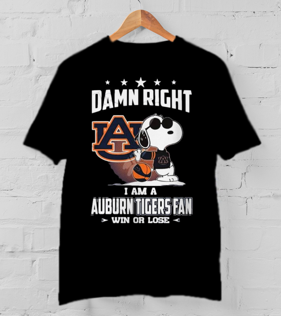 Damn Right I Am A Auburn Tigers Fan Win Or Lose Snoopy Auburn Logo T-Shirt