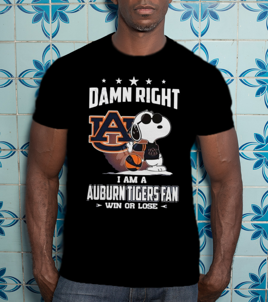 Damn Right I Am A Auburn Tigers Fan Win Or Lose Snoopy Auburn Logo T-Shirt