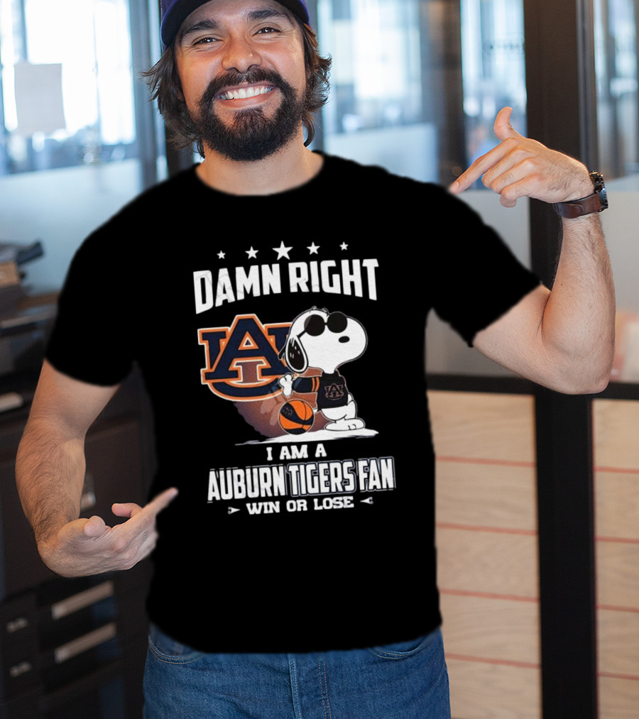 Damn Right I Am A Auburn Tigers Fan Win Or Lose Snoopy Auburn Logo T-Shirt