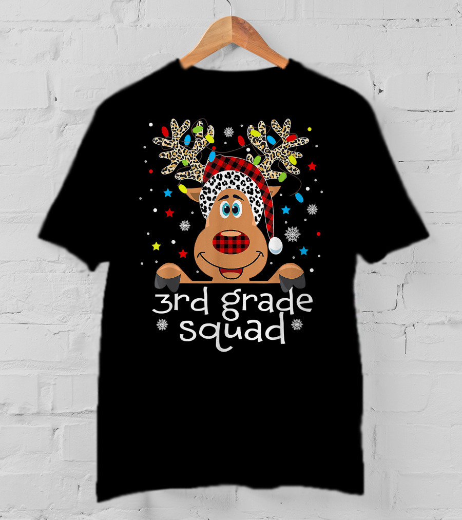 3rd Grade Squad Santa Hat Plaid Reindeer Christmas Teacher T-Shirt