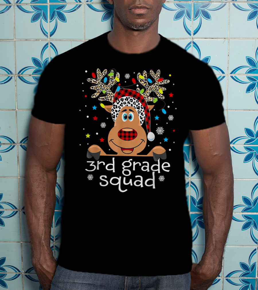 3rd Grade Squad Santa Hat Plaid Reindeer Christmas Teacher T-Shirt