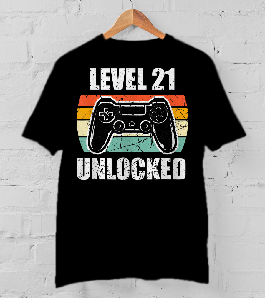 Level 21 Unlocked Vintage Gaming Controller 21st Birthday Gamer T-Shirt