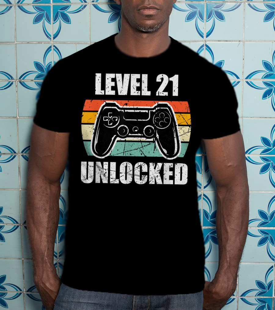 Level 21 Unlocked Vintage Gaming Controller 21st Birthday Gamer T-Shirt