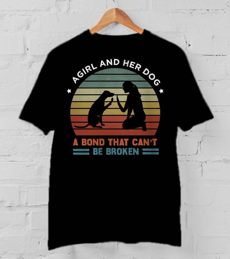 A Girl And Her Dog A Bond That Can't Be Broken Vintage Dog Silhouette Retro Stripes T-Shirt