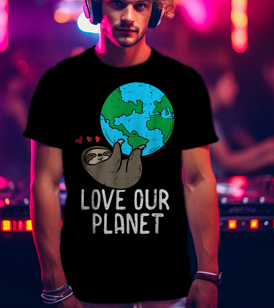 Love Our Planet Sloth Hanging Earth Day Cute Men Hearts Earth T-Shirt