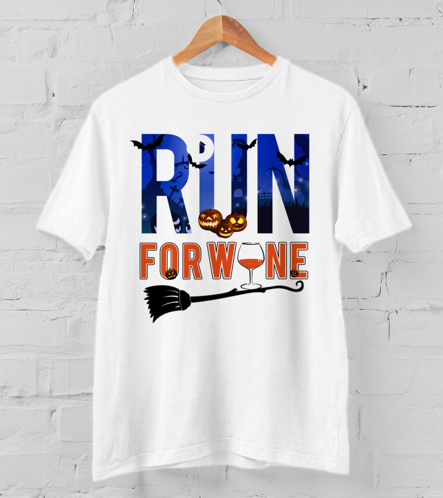 Halloween Run For Wine With Bats, Pumpkins, Witch's Broom, And Wine Glass T-Shirt