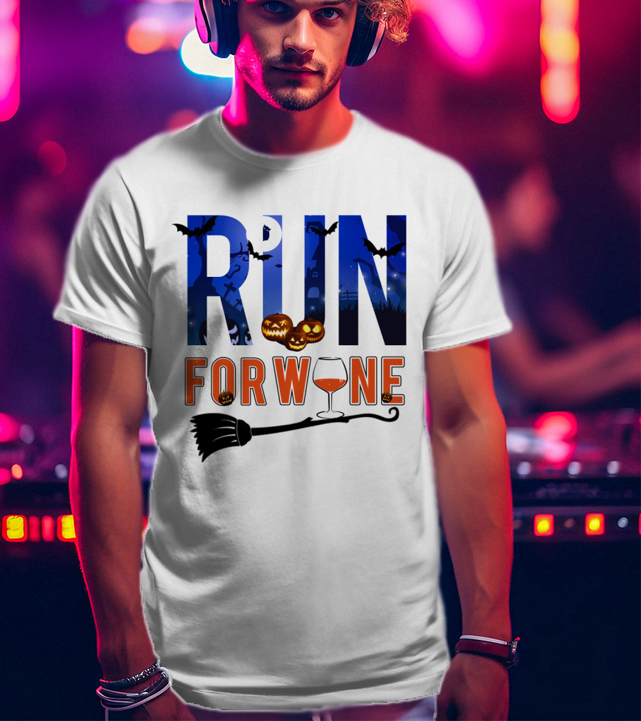 Halloween Run For Wine With Bats, Pumpkins, Witch's Broom, And Wine Glass T-Shirt