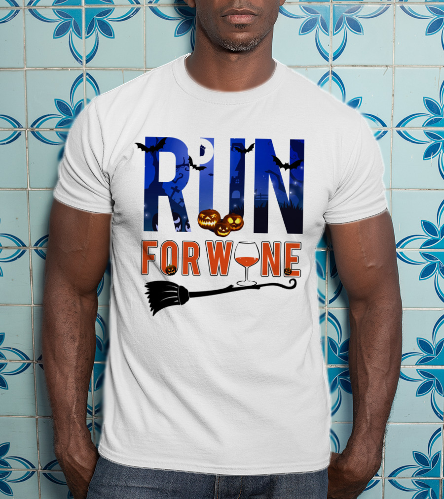 Halloween Run For Wine With Bats, Pumpkins, Witch's Broom, And Wine Glass T-Shirt