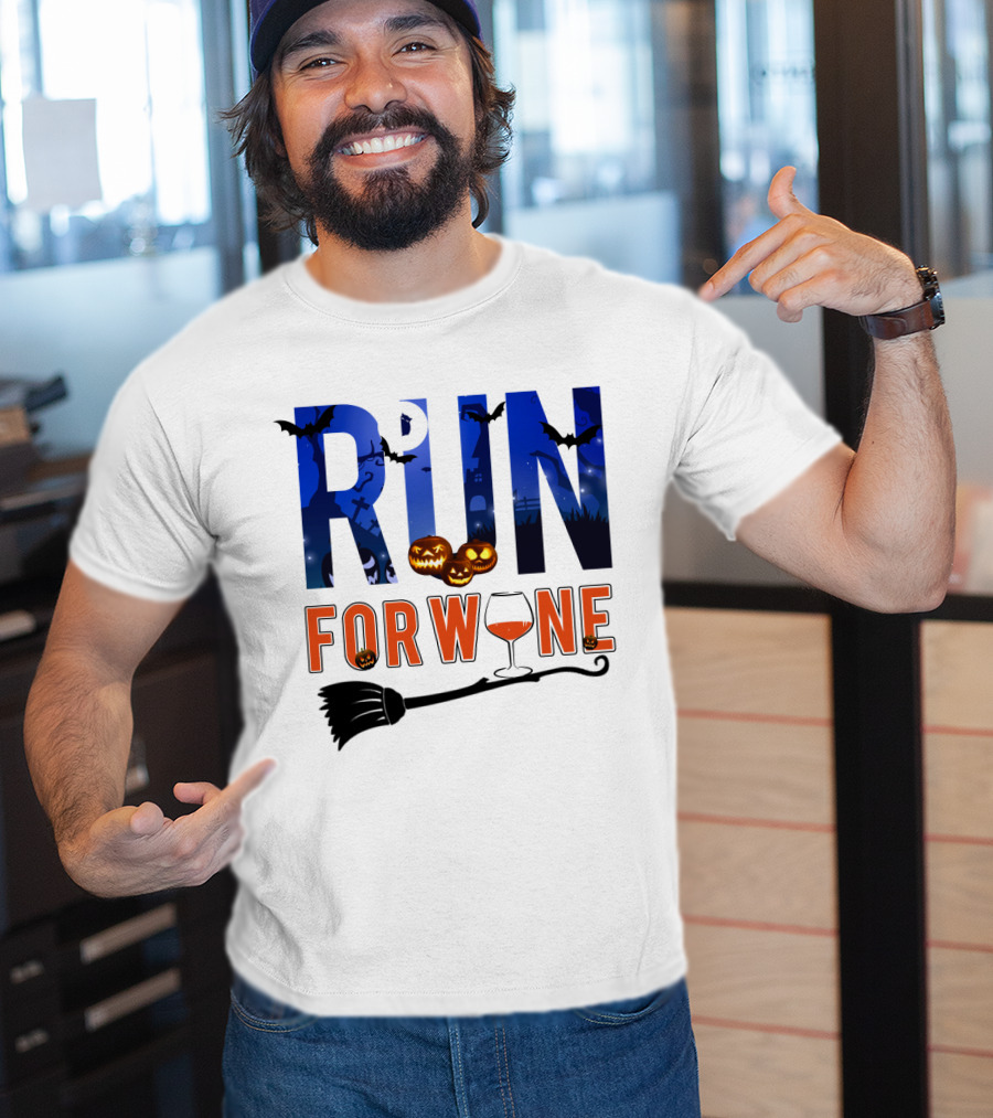 Halloween Run For Wine With Bats, Pumpkins, Witch's Broom, And Wine Glass T-Shirt