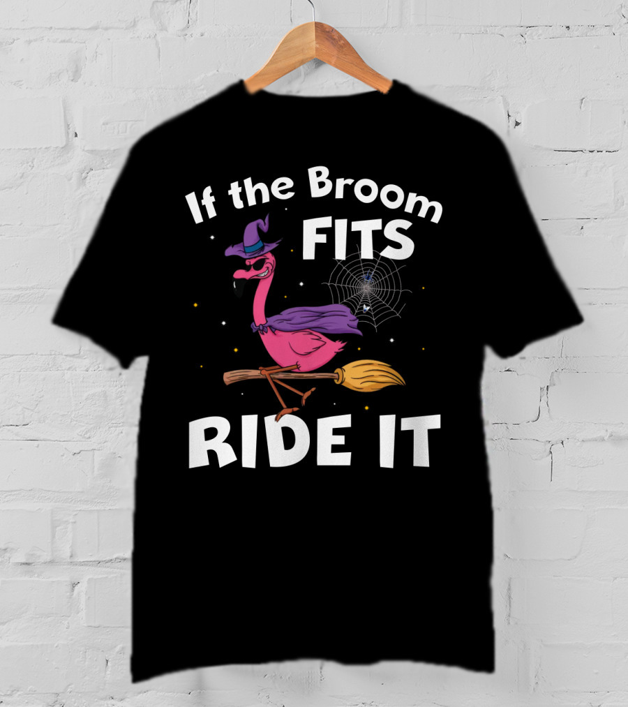 If The Broom Fits Ride It Flamingo Witch Hat Broomstick Halloween T-Shirt