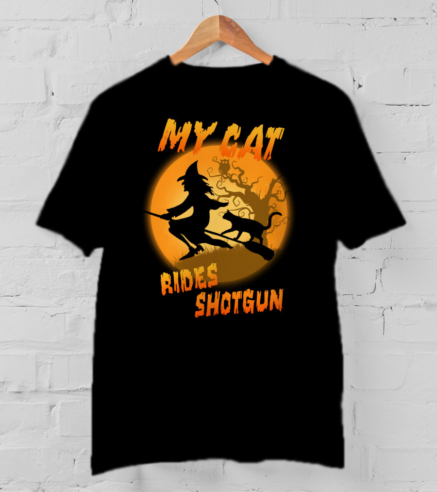 Witch And Cat Flying At Night With My Cat Rides Shotgun Silhouette Moon Scene T-Shirt