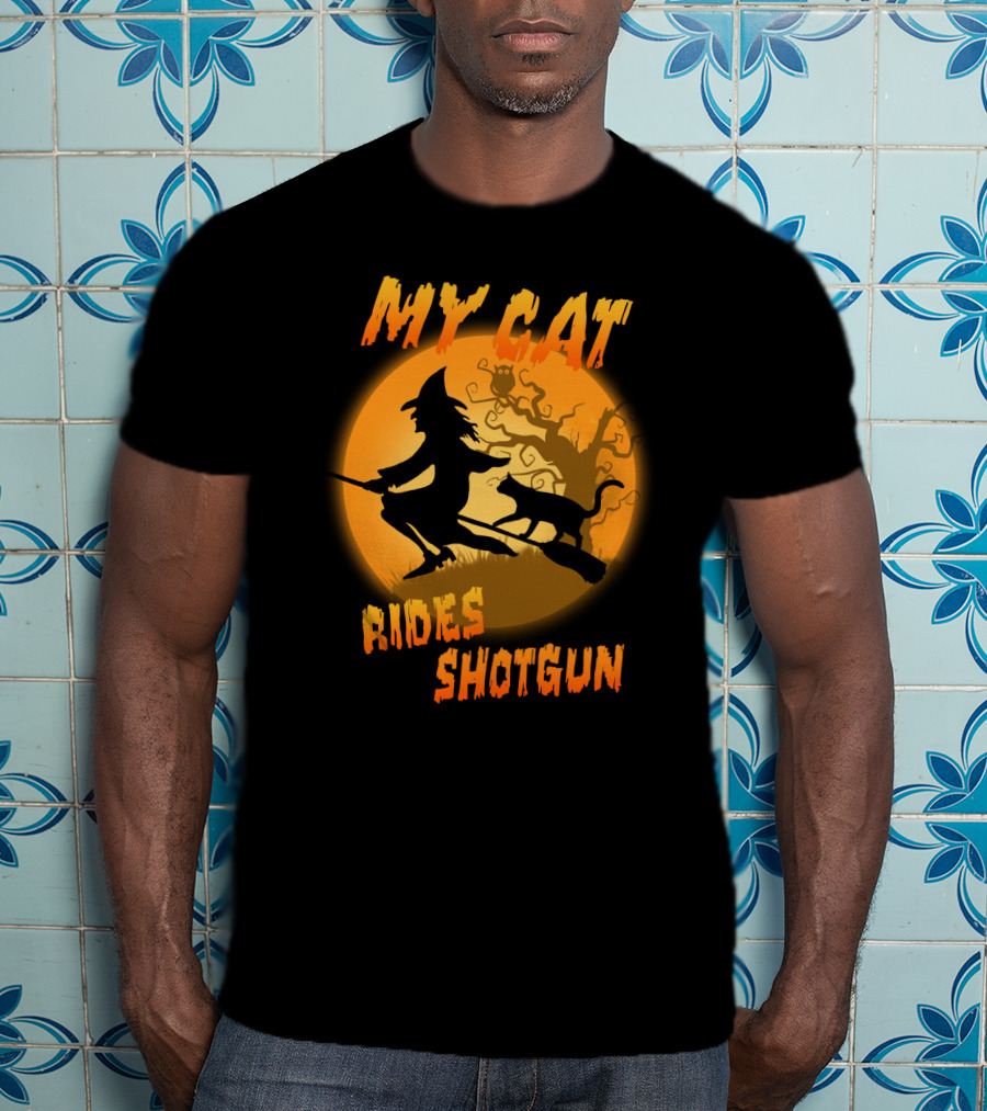 Witch And Cat Flying At Night With My Cat Rides Shotgun Silhouette Moon Scene T-Shirt