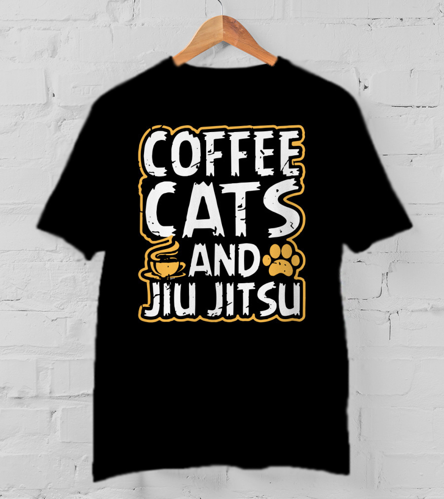 Coffee Cats And Jiu Jitsu With Coffee Cup And Cat Paw Prints T-Shirt