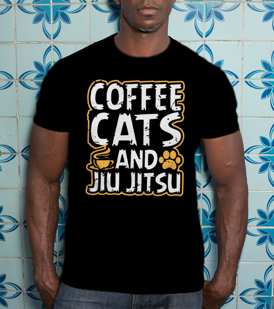 Coffee Cats And Jiu Jitsu With Coffee Cup And Cat Paw Prints T-Shirt