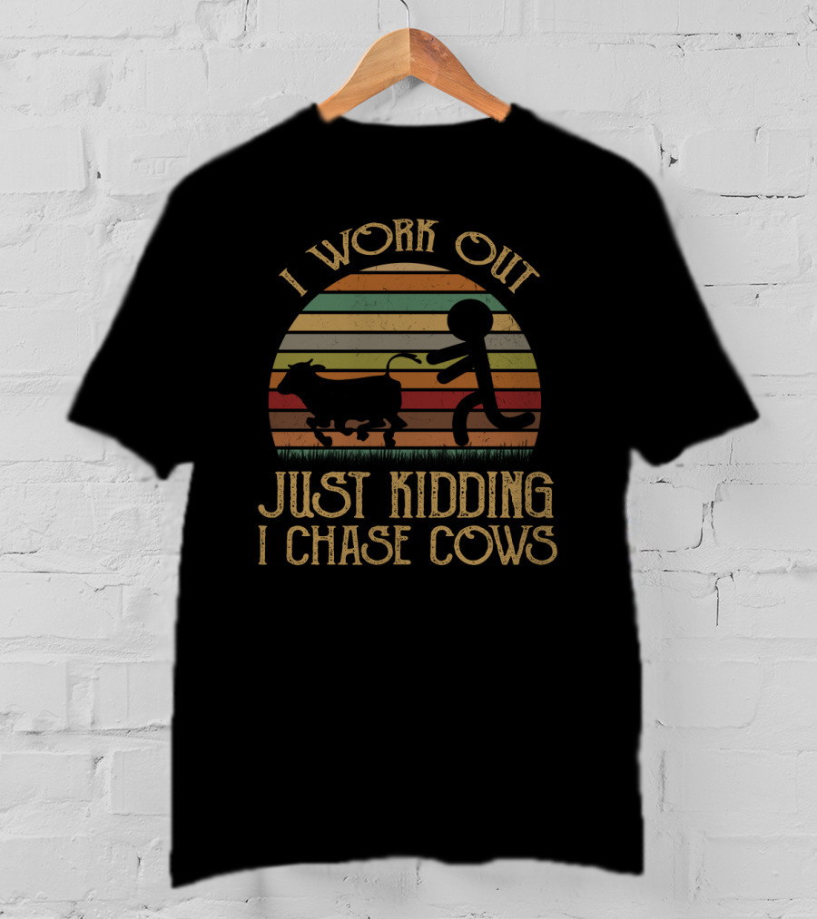 I Work Out Just Kidding I Chase Cows Stick Figure Retro Sunset T-Shirt
