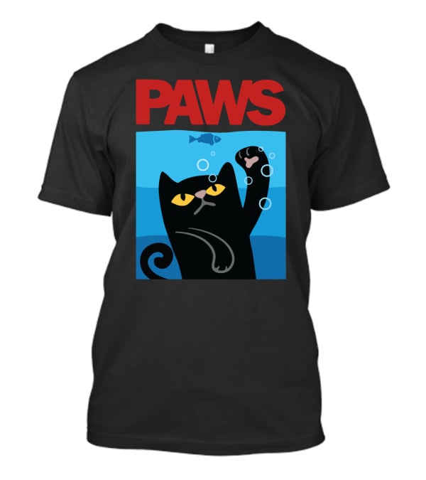 PAWS Jaws Parody Black Cat With Fish In Water T-Shirt