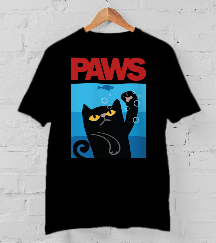 PAWS Jaws Parody Black Cat With Fish In Water T-Shirt