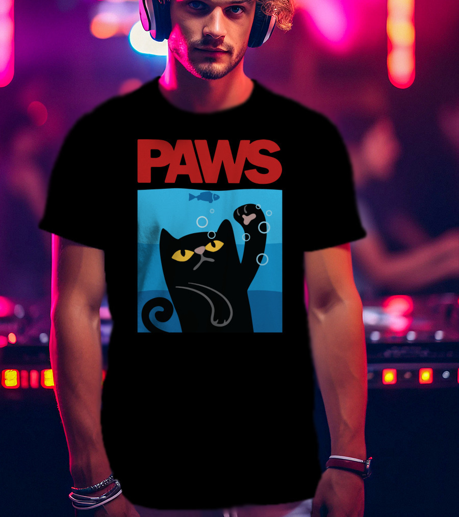 PAWS Jaws Parody Black Cat With Fish In Water T-Shirt