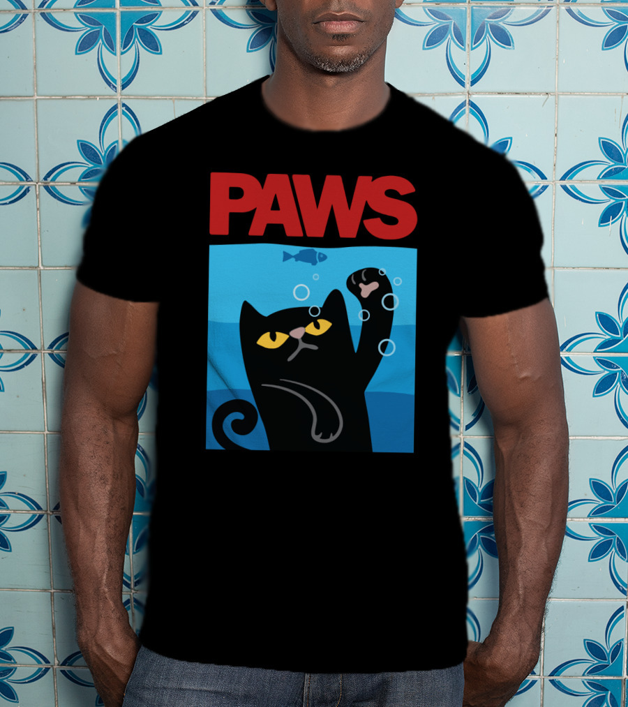 PAWS Jaws Parody Black Cat With Fish In Water T-Shirt