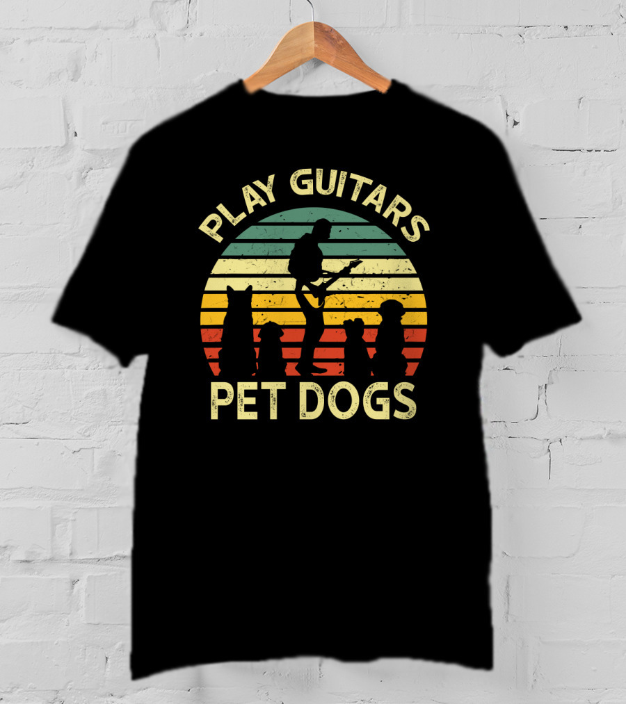 Play Guitars Pet Dogs Retro Silhouette With Dogs And Guitar Player T-Shirt