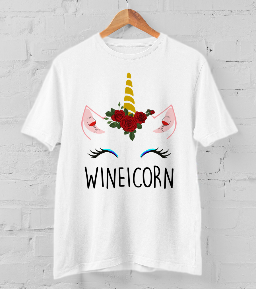 Wineicorn Unicorn With Wine Glass Rose Crown T-Shirt