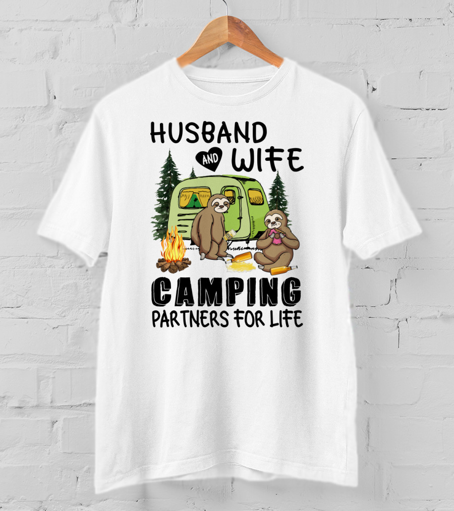 Sloth Lovers Husband And Wife Camping Partners For Life With Campfire Scene T-Shirt