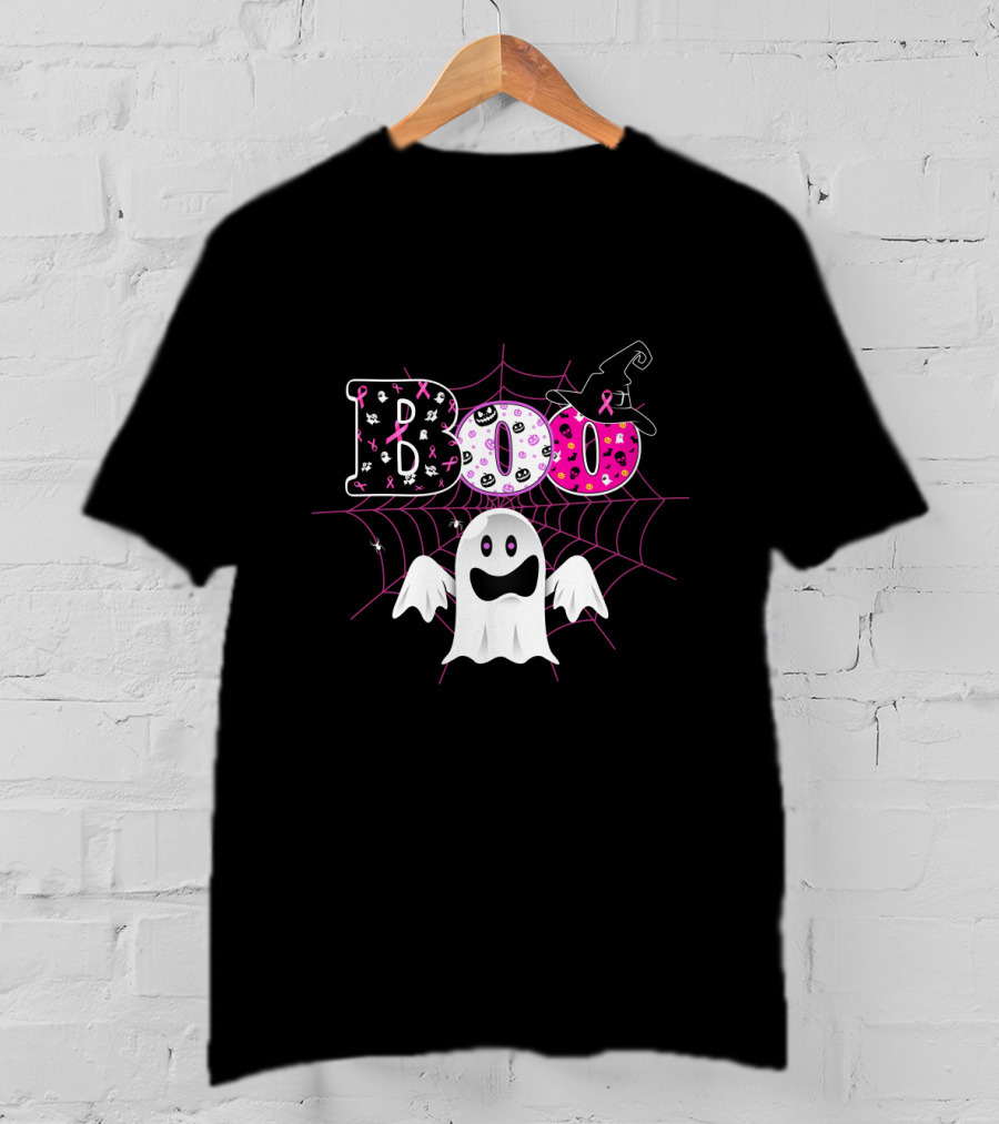 Boo Breast Cancer Awareness Halloween Ghost With Pink Ribbons And Witch Hat T-Shirt