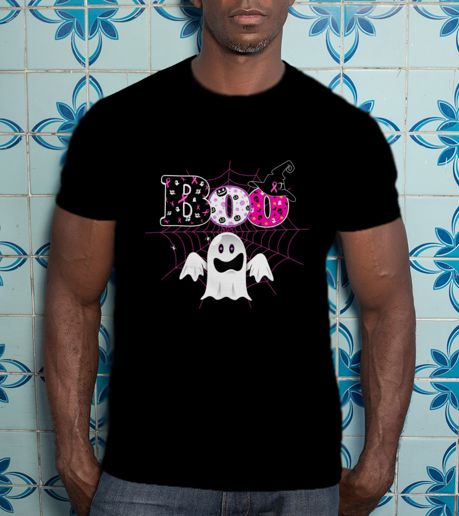Boo Breast Cancer Awareness Halloween Ghost With Pink Ribbons And Witch Hat T-Shirt