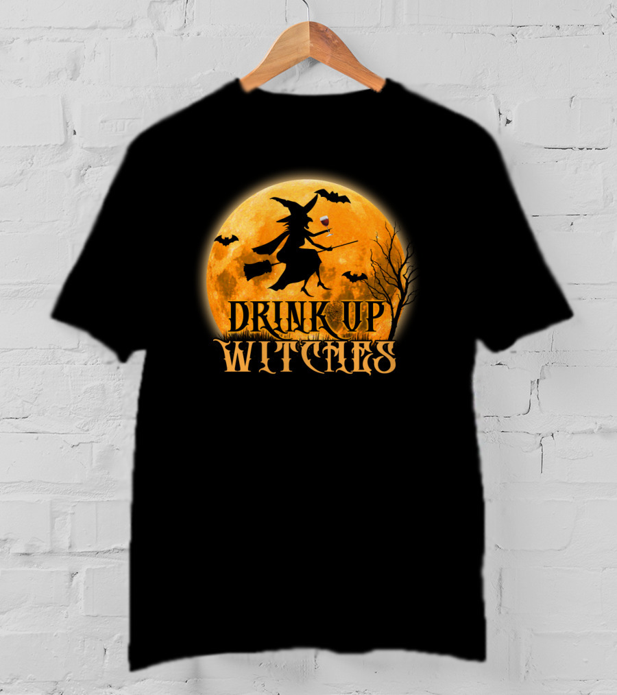 Drink Up Witches Wine Halloween Moon Bats Broomstick T-Shirt