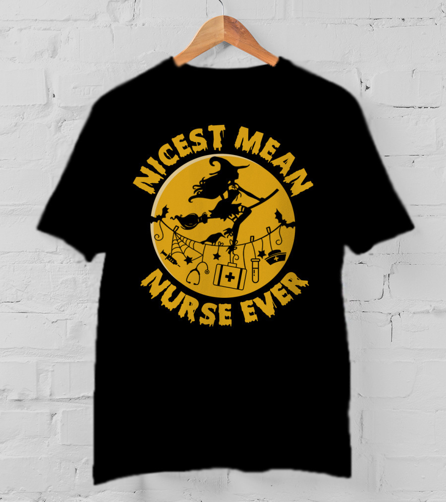 Nicest Mean Nurse Ever Witch Theme With Medical And Halloween Elements T-Shirt