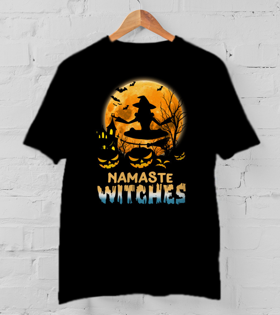 Namaste Witches Yoga Halloween Moon And Pumpkins T-Shirt