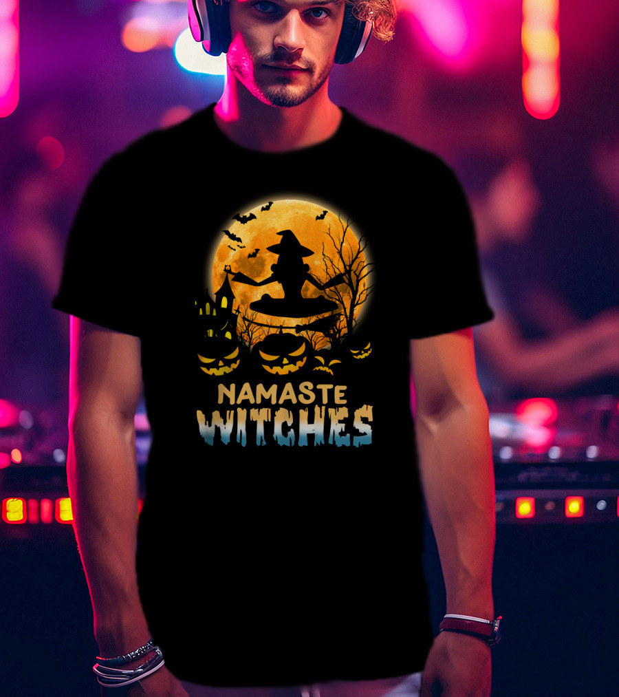 Namaste Witches Yoga Halloween Moon And Pumpkins T-Shirt