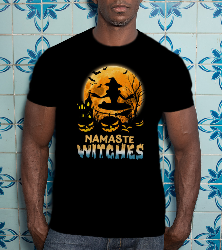 Namaste Witches Yoga Halloween Moon And Pumpkins T-Shirt